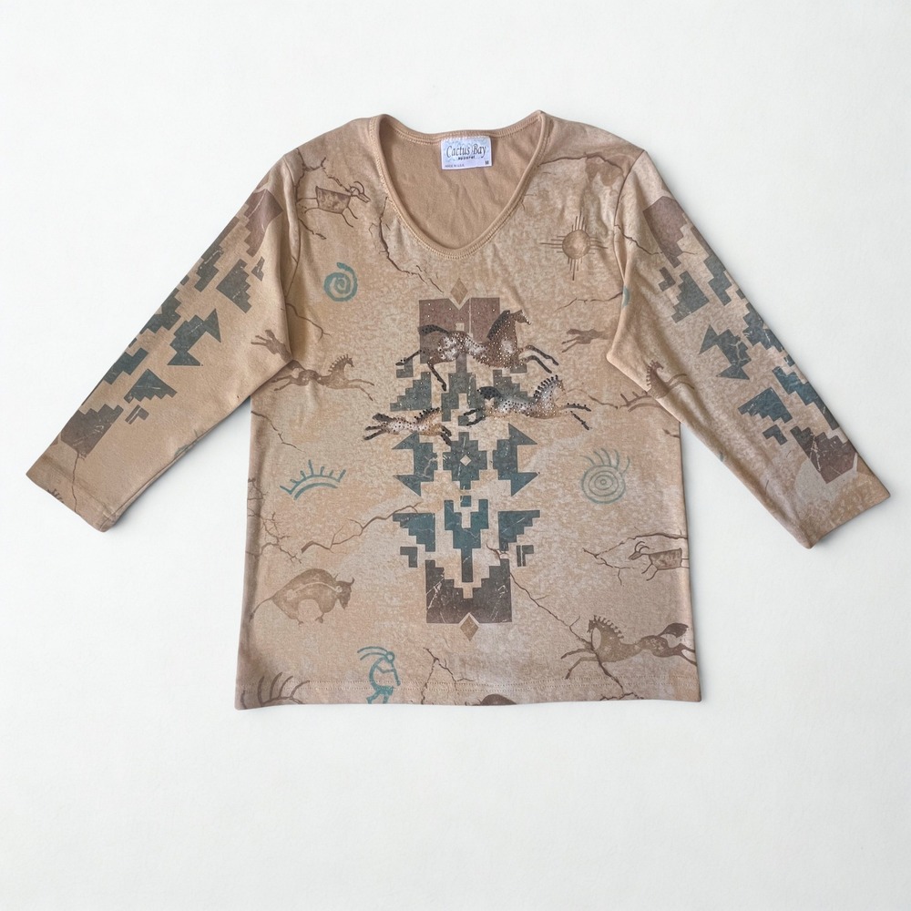 Cactus Bay Western Horse Rhinestone Graphic Tee Southwest Top USA Medium